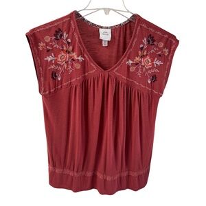 Knox Rose Sleeveless Terra Cotta Rust Color Boho V Neck Embroidered Top
